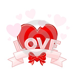 Red Heart with Silk Bow and Ribbon as Valentine s Day Attribute Vector Composition