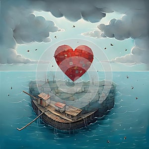 Red heart on a small island with a marina around the clouds water flying seagulls. Heart as a symboaffection and love