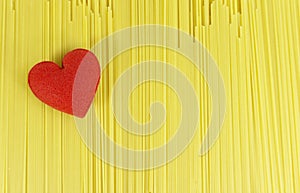 Red heart on the spaghetti line Ingredients for cooking in love.