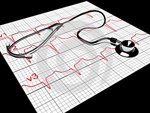 Red heart and a stethoscope, cardiogram, 3d render