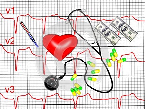 Red heart and a stethoscope, cardiogram, 3d render