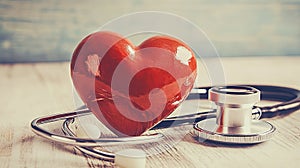 A red heart and a stethoscope on a light background, area for text
