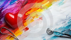 A red heart and a stethoscope on a light background, area for text