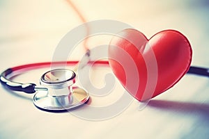 Red heart and stethoscope placed on table. This image can be used to represent healthcare, medical professions, or love