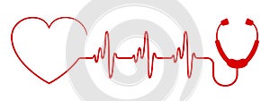 Red heart with stethoscope, pulse one line, cardiogram sign, heartbeat - vector photo