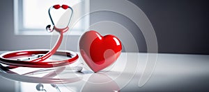 Red heart and stethoscope on a white table.