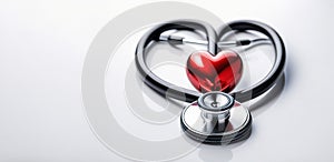 Red heart and stethoscope on a white table