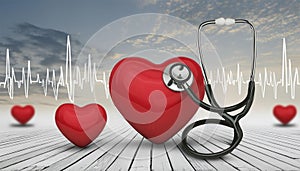 Red heart and stethoscope on wooden background. Generated AI