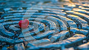 Red heart on stone labyrinth path at sunset