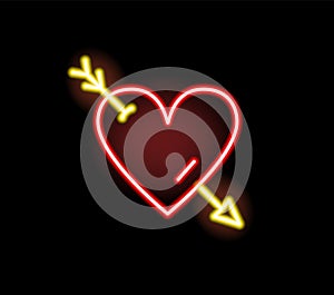 Red heart stricken by arrow neon symbol vector flat illustration. Bright romantic sign of love, amour, date or Valentine