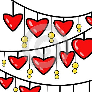Red Heart String Lights Pattern. Romantic Hanging Heart Decor on White Background