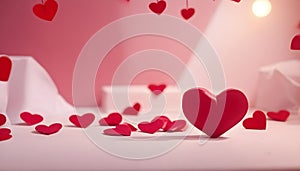 a red heart is surrounded by red hearts on pink background with lamps bokeh