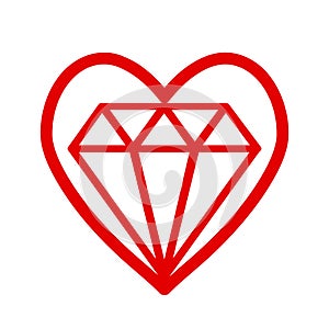 Red heart symbol with bright cristal diamond inside. Stock vector illustrtion