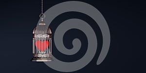 Red heart symbol trapped in a hanging bird cage, complicated love concept background