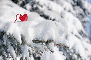 Red heart toy in snowfall on fir