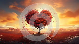 red heart tree in the middle of the field, Stunning View of Trees and Nubes on the Background. Generative AI