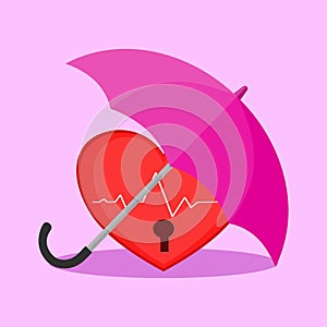 Red heart under pink umbrella. Love heart health and peace protection. illustration