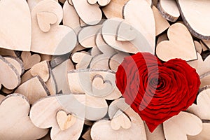 Red heart, valentine day greeting card. Wooden hearts background