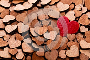 Red heart, valentine day greeting card. Wooden hearts background