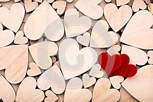 Red heart, valentine day greeting card. Wooden hearts background