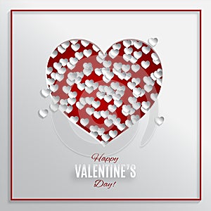 Red heart vector illustration on white background with frame for valentine`s day greeting card, paper cut out art style