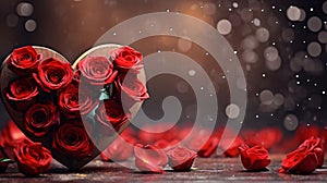 Red heart with water drops around flowers of red rose petals.Valentine\'s Day banner with space for own content. White