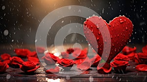 Red heart with water drops around flowers of red rose petals.Valentine's Day banner with space for own content. White
