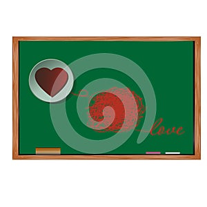 Red heart on white circle and text love on blackboard.