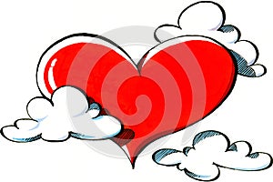 Red heart among white clouds photo