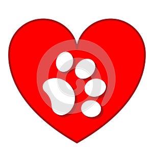 Red heart with white paw print animal care icon symbol sign.