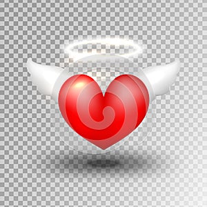 Red heart with wing and halo isolated on transparent background. Valentine's day element.