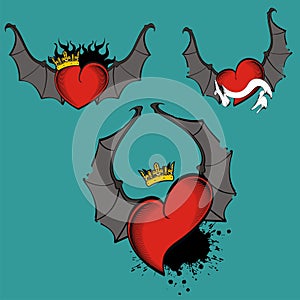 Red heart winged bat tattoo set crown