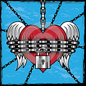 Red heart with wings is imprisoned.