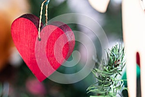 Red heart of wood Christmas decoration, symbol of love