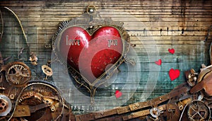 red heart on wooden background in steampunk style