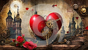 red heart on wooden background in steampunk style