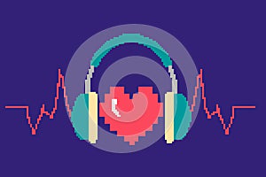 Red heartbeat with green headphones love Music on purple background.