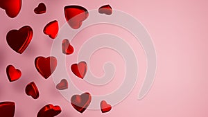 Red hearts background. Vector illustration with realistic shiny red metallic hearts.