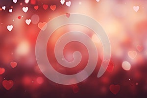 Red hearts bokeh background. Valentines day. Love romance copy space