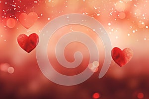 Red hearts bokeh background. Valentines day. Love romance copy space