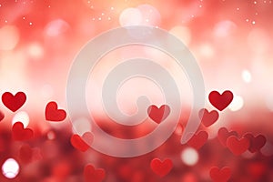 Red hearts bokeh background. Valentines day. Love romance copy space