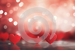 Red hearts bokeh background. Valentines day. Love romance copy space
