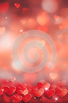 Red hearts bokeh background. Valentines day. Love romance copy space