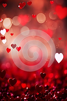 Red hearts bokeh background. Valentines day. Love romance copy space