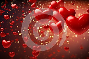 Red hearts with bokeh lights on golden shimmering backdrop. Valentines Day Love background