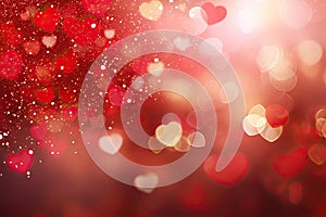 Red hearts bokeh lights on shimmering background. Valentines Day banner