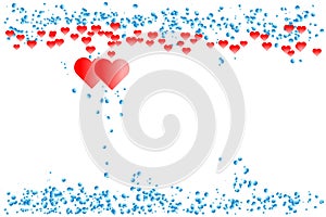 Red hearts with border of blue gradient dots similar to water drops - Center copy-space. Flat vector illustration.
