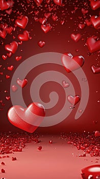 Red hearts cascade downwards against a dark background creating a romantic atmosphere