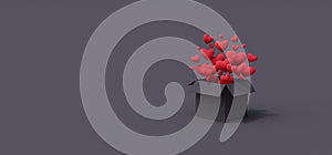 Red hearts come out of the box. Valentine\'s day concept on grey background 3d render