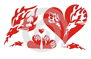 Red hearts of a dragon and a flaming dragon